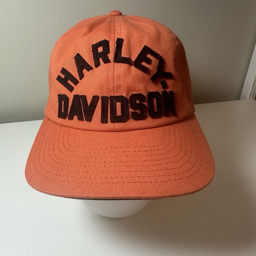 Harley-Davidson Orange Staple Unstructured Baseball Cap Black Felt Letters Logo
